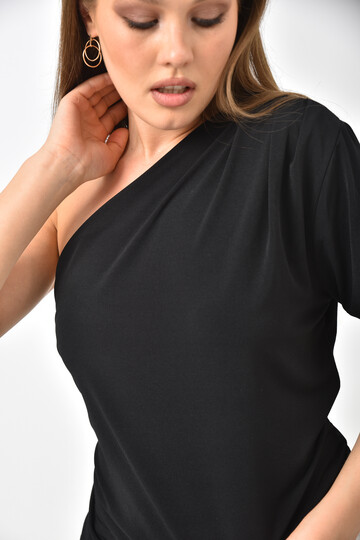Black Boat Neck One Shoulder Sandy Fabric Blouse