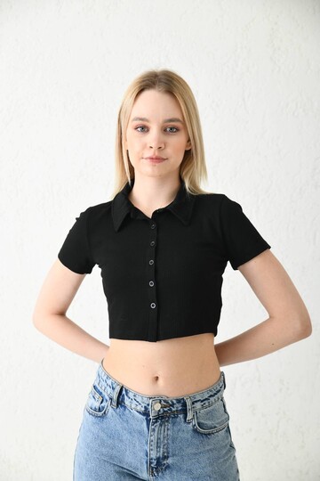 Siyah Polo Yaka Fitilli Örme Crop Bluz