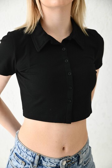 Siyah Polo Yaka Fitilli Örme Crop Bluz