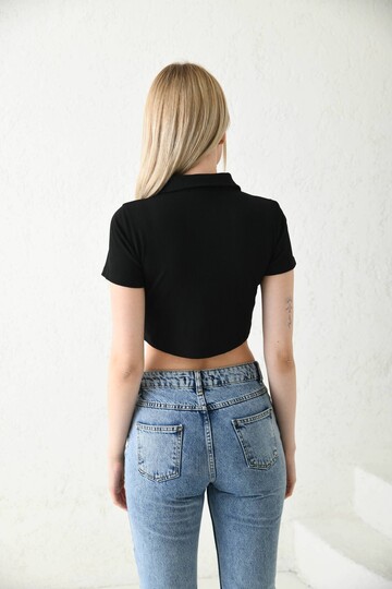 Siyah Polo Yaka Fitilli Örme Crop Bluz