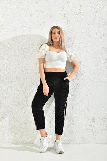 Black Stripe Detailed Velvet Sweatpants