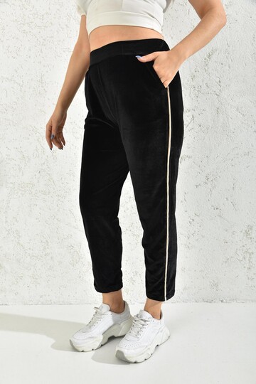 Black Stripe Detailed Velvet Sweatpants