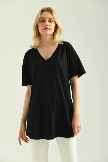 Black V Neck End Detail Short Sleeve T-Shirt