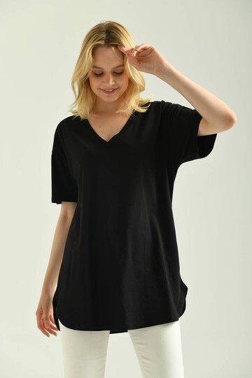 Black V Neck End Detail Short Sleeve T-Shirt