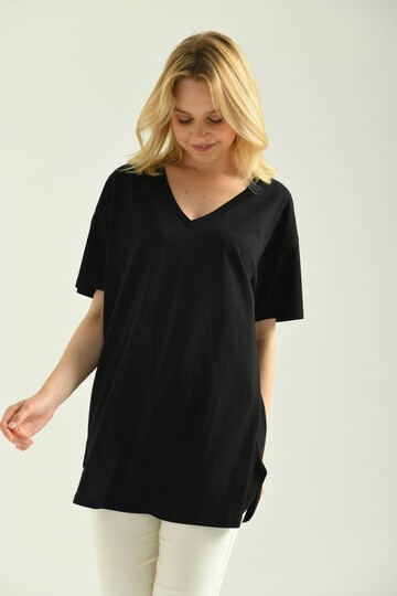 Black V Neck End Detail Short Sleeve T-Shirt