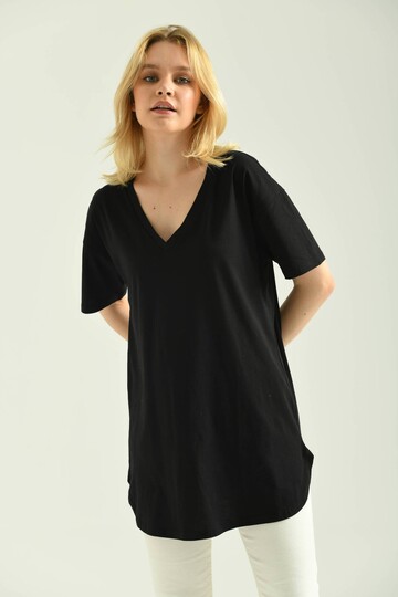 Black V Neck End Detail Short Sleeve T-Shirt