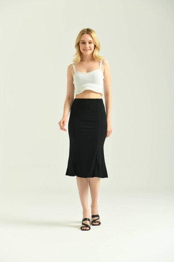  Black Ruffle Sandy Fabric Midi Skirt