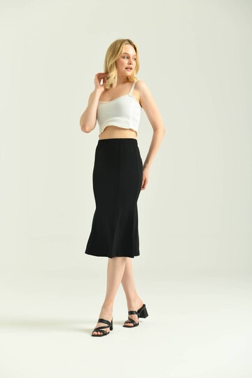  Black Ruffle Sandy Fabric Midi Skirt