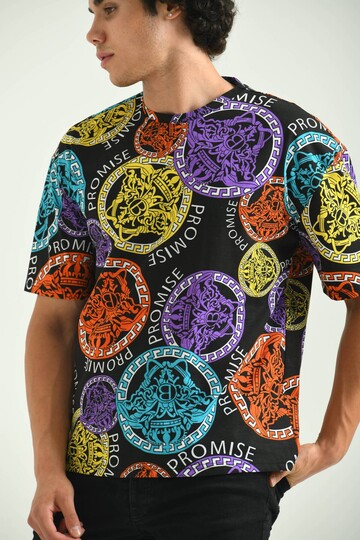 Black Round Neck Pattern Printed T-Shirt
