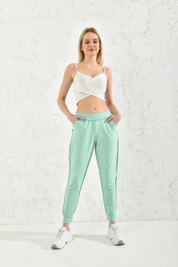 Water Green Elasticated and Stitched Detail Sweatpants