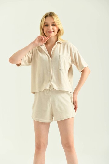 Stone Pocket and Button Detail Towel Fabric Bottom-Top Set