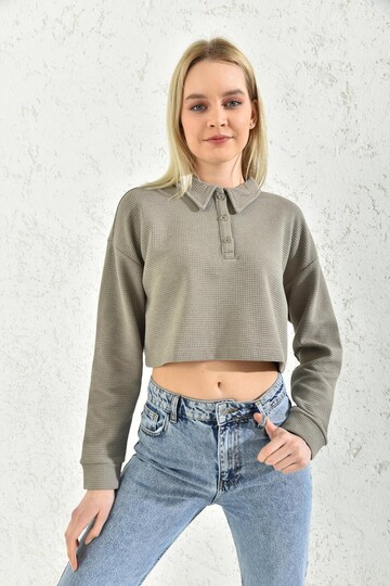 Taş Polo Yaka Crop Bluz