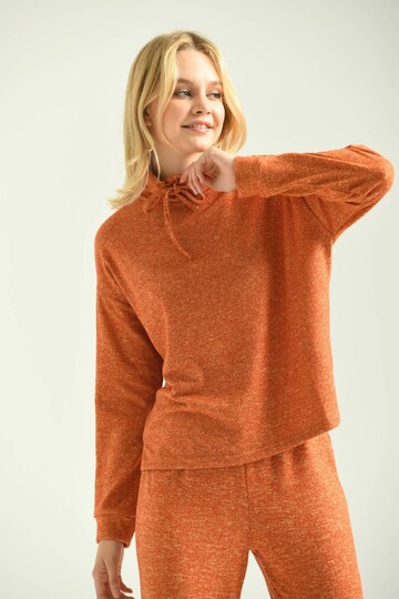 Orange Turtleneck Hooded Fluffy Knitted Blouse