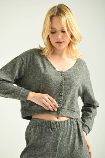 Green Button Detail V-Neck Crop Blouse