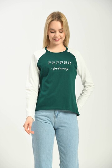 Green Color Block Basic Printed Long Sleeve Knitted T-Shirt