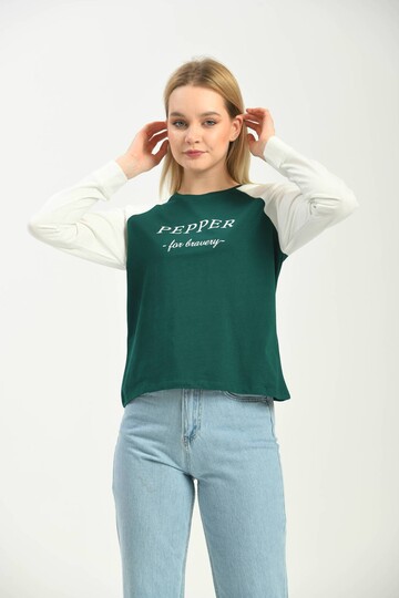 Green Color Block Basic Printed Long Sleeve Knitted T-Shirt