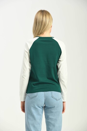 Green Color Block Basic Printed Long Sleeve Knitted T-Shirt
