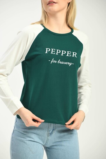 Green Color Block Basic Printed Long Sleeve Knitted T-Shirt