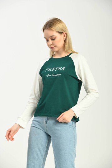 Green Color Block Basic Printed Long Sleeve Knitted T-Shirt