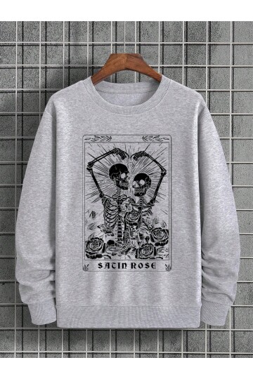 Açık Gri Önü Bisiklet Yaka Kalp Simgeleyen İskelet Baskılı Sacin Rose Uzun Kol T-shirt