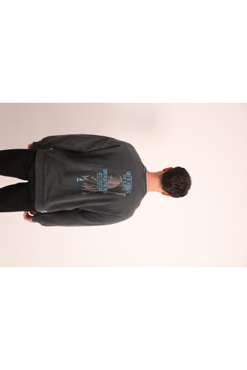 Antrasit Asit Yıkamalı Önü Baskılı Arkası Baskı ve Nakış Detaylı Sweatshirt
