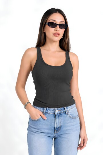 Antrasit Fitted Havuz Yaka Atlet | Kalın Askılı Fitilli Kaşkorse Örme Kumaş | %98 Pamuk %2 Elastan Esnek Vücuda Oturan Basic Atlet
