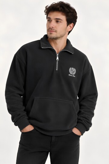 Antrasit Oversize Geniş Kesim Dik Yaka Anti-Pilling Polar Sweatshirt | Fermuarlı Uzun Kol | Su İtici Polyester Örme Kumaş | Erkek Rahat Kalıp