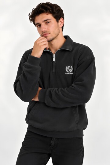 Antrasit Oversize Geniş Kesim Dik Yaka Anti-Pilling Polar Sweatshirt | Fermuarlı Uzun Kol | Su İtici Polyester Örme Kumaş | Erkek Rahat Kalıp