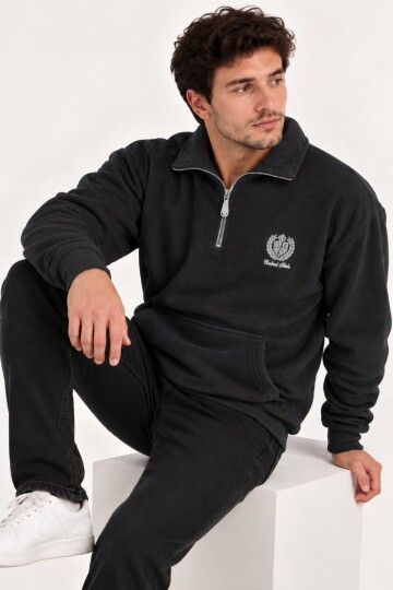 Antrasit Oversize Geniş Kesim Dik Yaka Anti-Pilling Polar Sweatshirt | Fermuarlı Uzun Kol | Su İtici Polyester Örme Kumaş | Erkek Rahat Kalıp