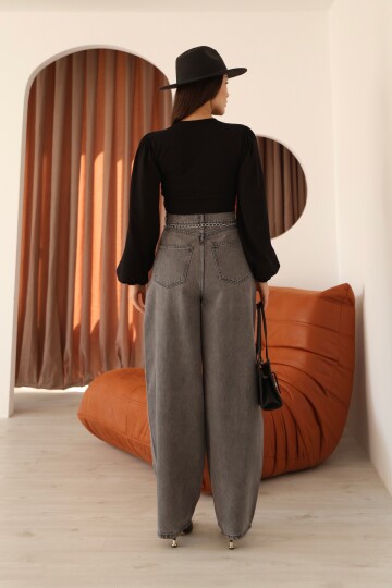 Antrasit Yüksek Bel Baloon/Baggy Kalıp Yıkamalı Kadın Kot Pantolon