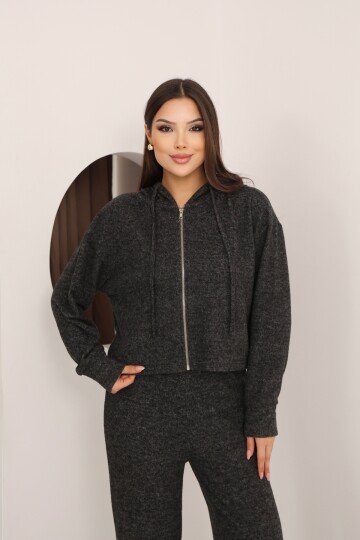 Antrasit Yumoş Kumaş Kapüşon ve Fermuar Detaylı Geniş Paça Yüksek Bel Pantolonlu Eşofman Takımı