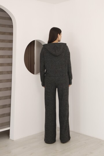 Antrasit Yumoş Kumaş Kapüşon ve Fermuar Detaylı Geniş Paça Yüksek Bel Pantolonlu Eşofman Takımı