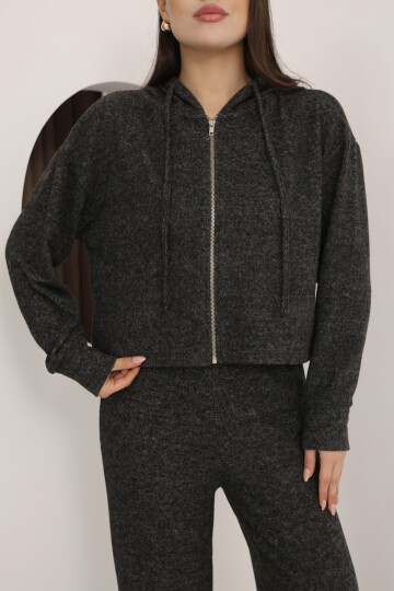 Antrasit Yumoş Kumaş Kapüşon ve Fermuar Detaylı Geniş Paça Yüksek Bel Pantolonlu Eşofman Takımı