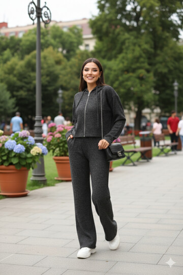 Antrasit Yumoş Kumaş Kapüşon ve Fermuar Detaylı Geniş Paça Yüksek Bel Pantolonlu Eşofman Takımı