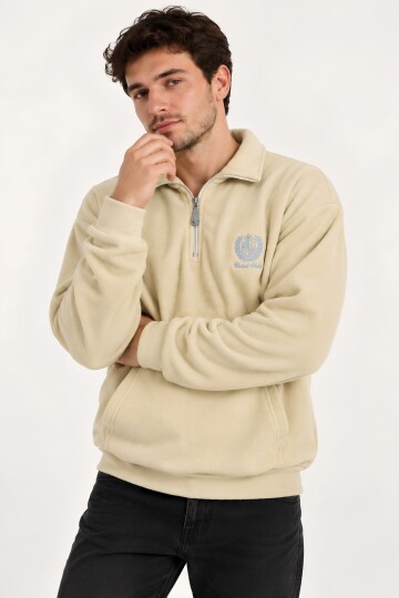 Bej Oversize Geniş Kesim Dik Yaka Anti-Pilling Polar Sweatshirt | Fermuarlı Uzun Kol | Su İtici Polyester Örme Kumaş | Erkek Rahat Kalıp