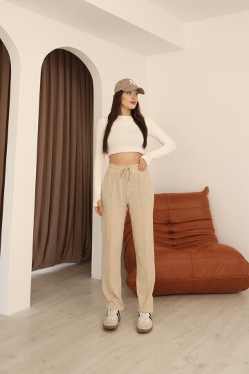 Bej Yumoş Yüksek Bel Bağlamalı ve Paça Lastik Detaylı Eşofman Altı