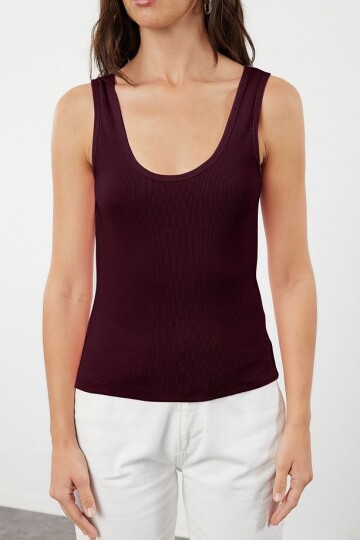 Bordo Fitted Havuz Yaka Fitilli Esnek Örme Atlet