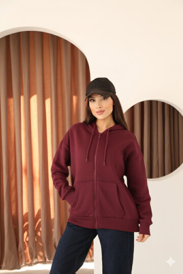 Bordo Oversize İçi Polar ve Fermuar Detaylı Kapüşonlu Kadın Sweatshirt