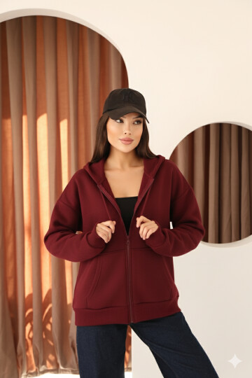 Bordo Oversize İçi Polar ve Fermuar Detaylı Kapüşonlu Kadın Sweatshirt