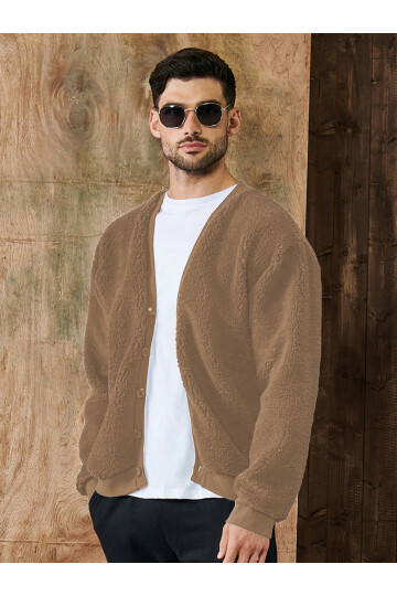 Camel V Yaka Düğmeli Peluş Hırka