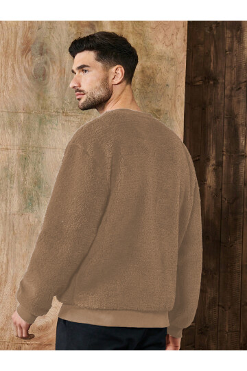 Camel V Yaka Düğmeli Peluş Hırka