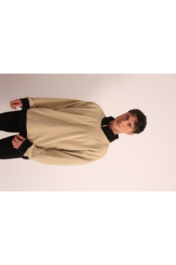 Erkek Bej Fermuarlı Yaka ve Kol Ucu Siyah Garni Detaylı Sweatshirt