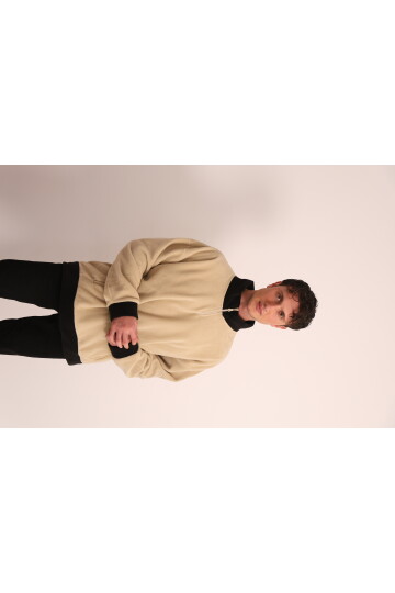 Erkek Bej Fermuarlı Yaka ve Kol Ucu Siyah Garni Detaylı Sweatshirt