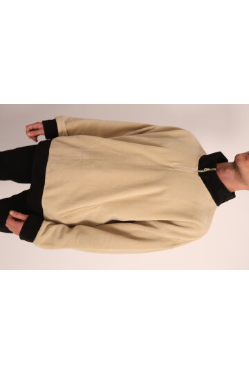Erkek Bej Fermuarlı Yaka ve Kol Ucu Siyah Garni Detaylı Sweatshirt