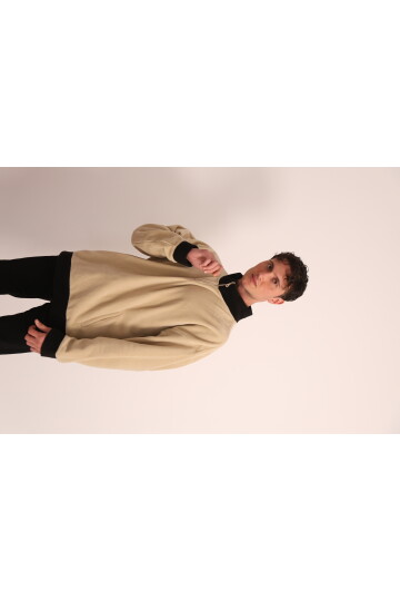 Erkek Bej Fermuarlı Yaka ve Kol Ucu Siyah Garni Detaylı Sweatshirt