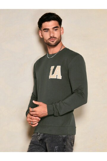 Erkek Haki Bisiklet LA Baskılı Uzun Kol Sweatshirt