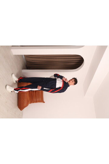 Erkek Lacivert Özel Seri Kırmızı ve Beyaz Şerit Detaylı Eşofman Takımı