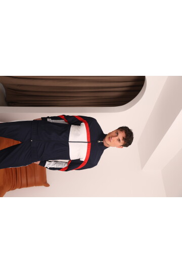 Erkek Lacivert Özel Seri Kırmızı ve Beyaz Şerit Detaylı Eşofman Takımı