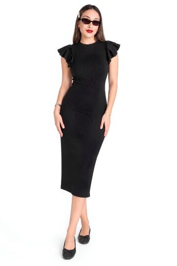 Siyah Fitilli Bodycon Midi Kalem Elbise | Volanlı Fırfırlı Kısa Kol | Bisiklet Yaka Vücuda Oturan Kalıp | %98 Pamuk %2 Elastan Esnek Kaşkorse Örme Kum