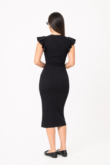 Siyah Fitilli Bodycon Midi Kalem Elbise | Volanlı Fırfırlı Kısa Kol | Bisiklet Yaka Vücuda Oturan Kalıp | %98 Pamuk %2 Elastan Esnek Kaşkorse Örme Kum